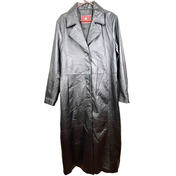 Marc Mattis Vintage Leather Long Trench Coat Black Full Length Button Front L - Picture 1 of 16